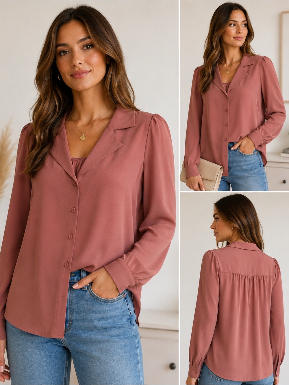 Grace‎ Karin Dusty Rose Collared Button Front Long Sleeve Blouse Size Small